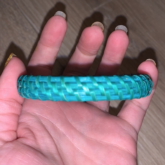 Set of 3 teal & black straw metal bangle bracelets - Picture 6 of 7